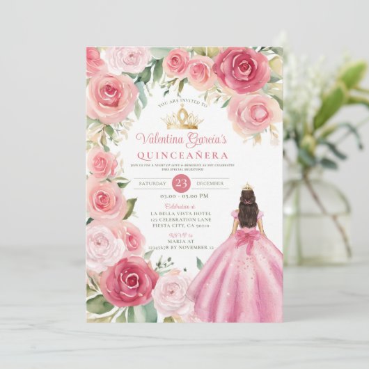 Blush Pink Quinceañera 15 Anos Bloemen Goud Kaart (Staand voorkant)