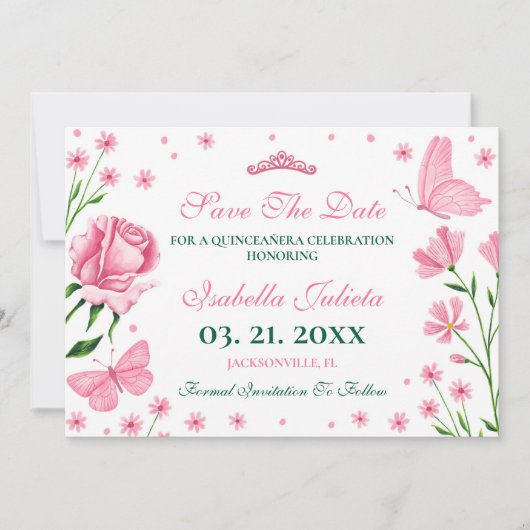 Blush Pink Quinceañera 15e verjaardagsfeestje Save The Date (Voorkant)