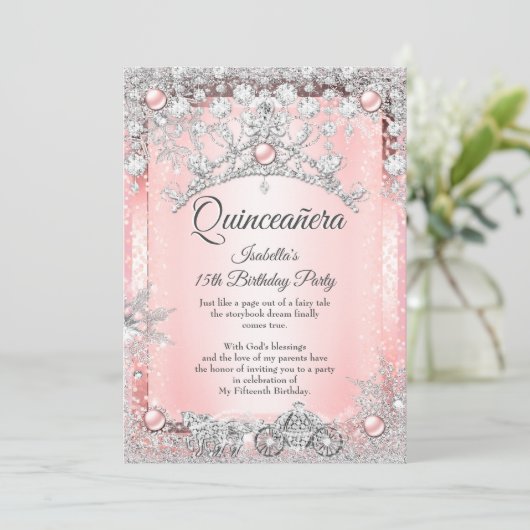 Blush Pink Quinceanera 15th Winter Carriage Kaart (Staand voorkant)