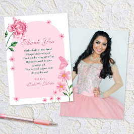 Blush Pink Quinceañera Rozen en Vlinders Foto Bedankkaart