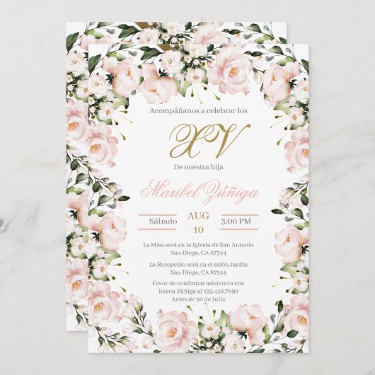 Blush Pink Quinceanera-uitnodiging Kaart (Voorkant / Achterkant)