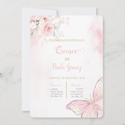 Blush Pink Quinceanera-uitnodiging Kaart (Voorkant)