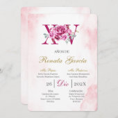 Blush pink quinceañera with pink rose kaart (Voorkant / Achterkant)