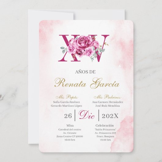 Blush pink quinceañera with pink rose kaart (Voorkant)