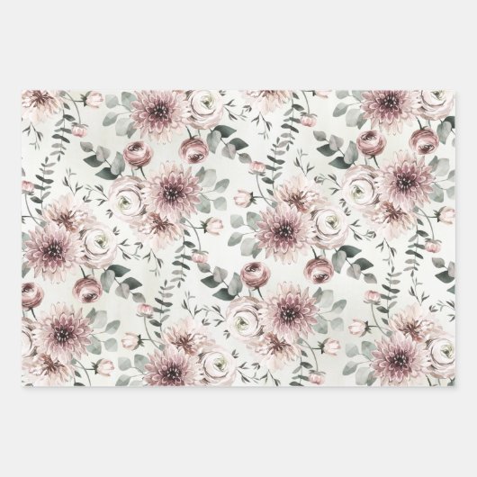 Blush Pink Ranunculus Dahlia Eucalyptus Garden Inpakpapier Vel (Voorkant 3)
