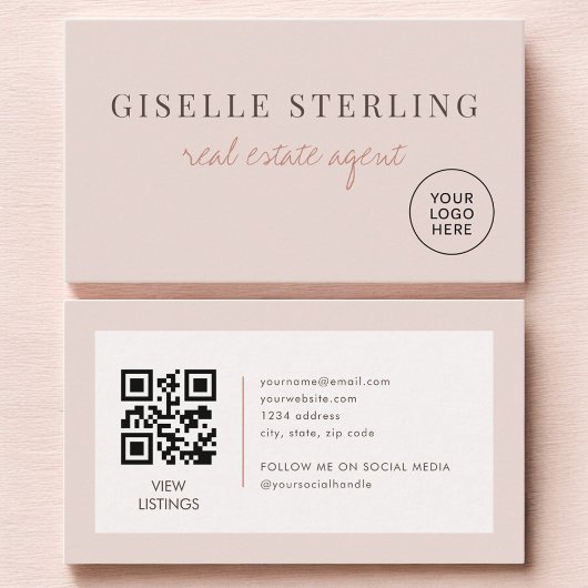 Blush Pink Real Estate Agent Logo QR Code Visitekaartje
