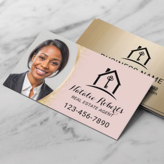 Blush Pink Real Estate Agent Modern Gold Photo Visitekaartje