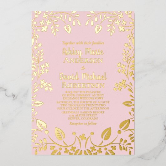 Blush Pink Real Gold Foil Floral Weddenschap Folie Uitnodiging (Voorkant)
