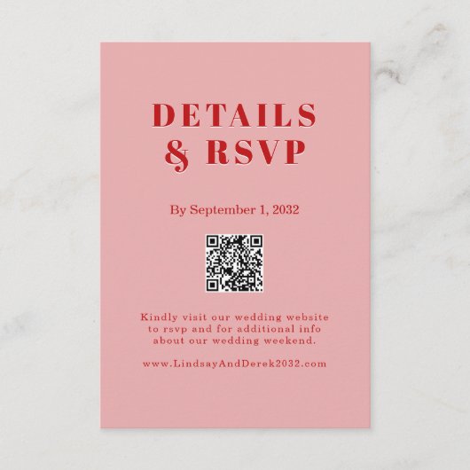 Blush Pink Red Bold Font QR Code Wedding RSVP  Informatiekaartje (Voorkant)