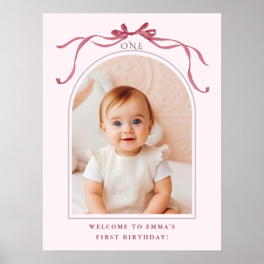 Blush Pink Red Bow 1st Birthday Photo Welcome Poster (Voorkant)