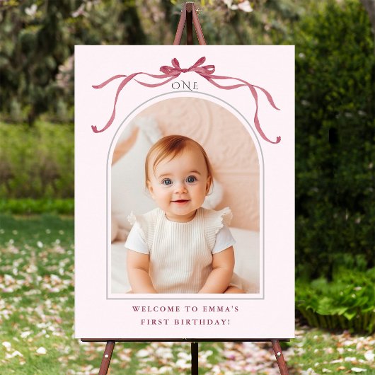 Blush Pink Red Bow 1st Birthday Photo Welcome Poster