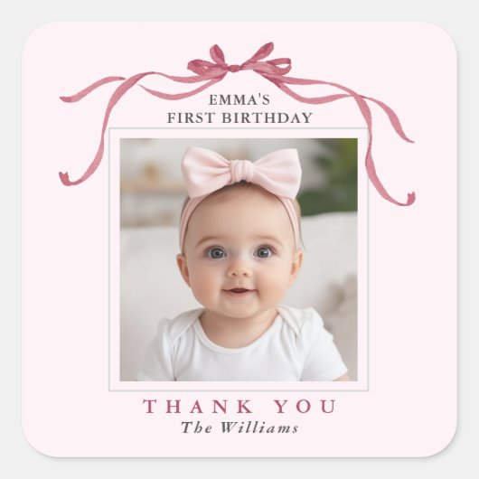 Blush Pink Red Bow Birthday Thank You Vierkante Sticker (Voorkant)