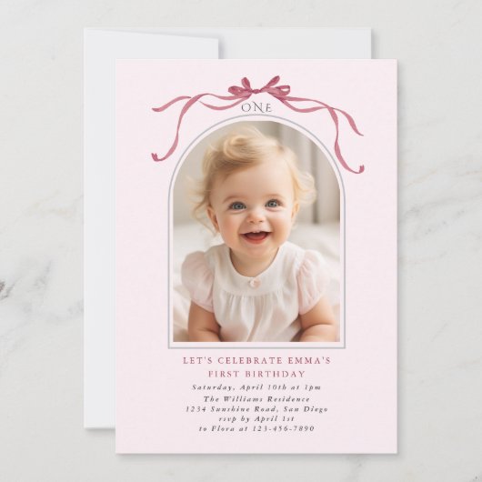 Blush Pink Red Bow Girl 1st Birthday Arch Photo Kaart (Voorkant)