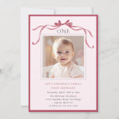 Blush Pink Red Bow Girl 1st Birthday Party Kaart (Voorkant)