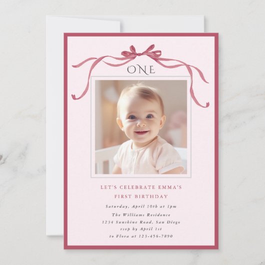Blush Pink Red Bow Girl 1st Birthday Party Kaart (Voorkant)
