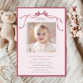Blush Pink Red Bow Girl 1st Birthday Party Kaart