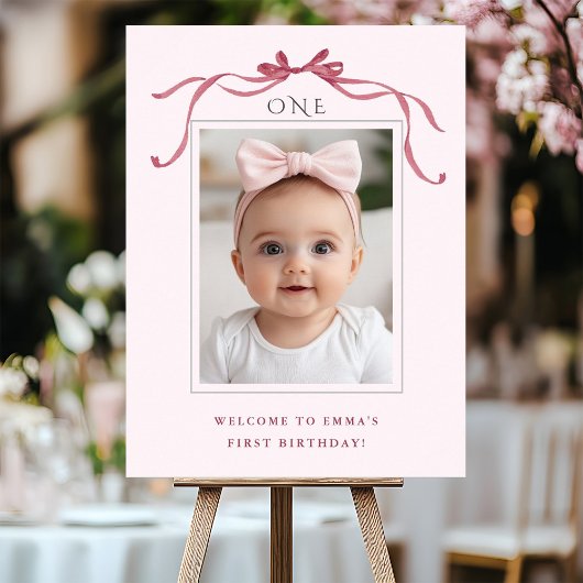 Blush Pink Red Bow Girl 1st Birthday Welcome Poster