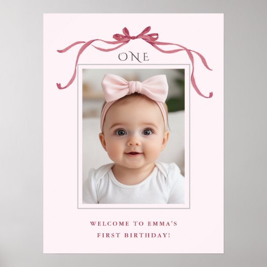 Blush Pink Red Bow Girl 1st Birthday Welcome Poster (Voorkant)