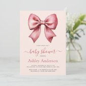 Blush Pink Red Bow Girl Baby Shower Kaart (Staand voorkant)