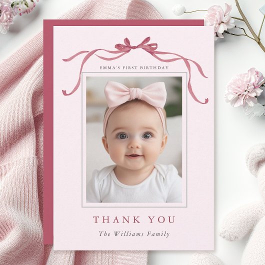 Blush Pink Red Bow Minimal Birthday Photo  Bedankkaart