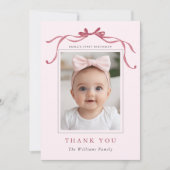 Blush Pink Red Bow Minimal Birthday Photo  Bedankkaart (Voorkant)