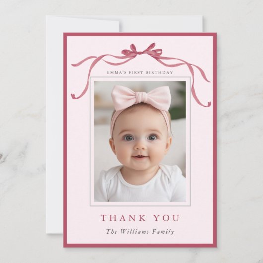 Blush Pink Red Bow Simple Birthday Photo  Bedankkaart (Voorkant)