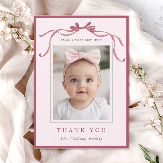 Blush Pink Red Bow Simple Birthday Photo  Bedankkaart