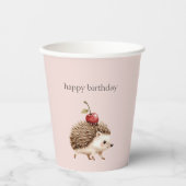 Blush Pink Red Cherry Adorable Hedgehog Birthday Papieren Bekers (Voorkant)