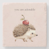 Blush Pink Red Cherry Adorable Hedgehog Stenen Onderzetter (Voorkant)