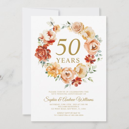 Blush Pink & Red Flowers 50e Jubileum Kaart (Voorkant)