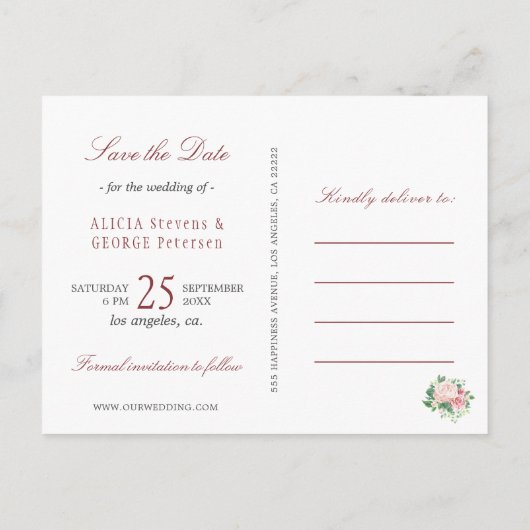 Blush Pink Red Peony Rozen Chic Wedding Aankondigingskaart (Achterkant)