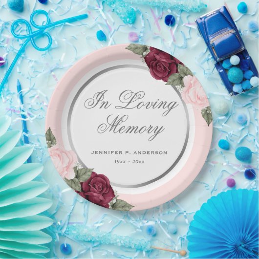 Blush Pink Red Waterverf Floral Memorial Funeral Papieren Bordje (Feest)
