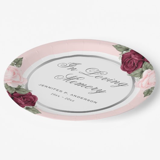 Blush Pink Red Waterverf Floral Memorial Funeral Papieren Bordje (Gekanteld)