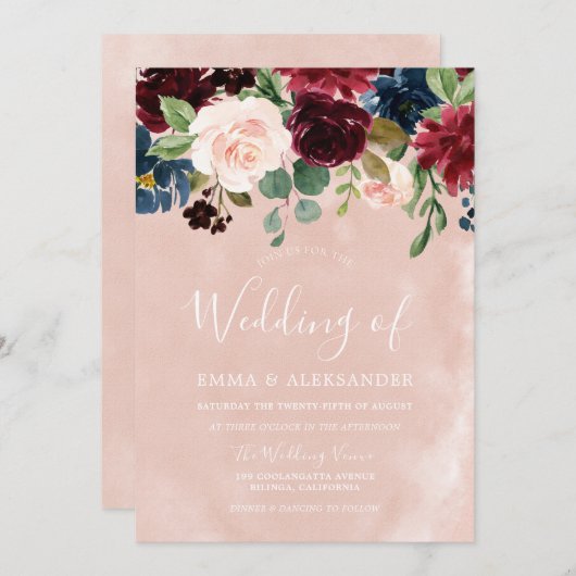 Blush Pink & Red Wine Floral Weddenschap Kaart (Voorkant / Achterkant)
