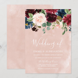 Blush Pink & Red Wine Floral Weddenschap Kaart