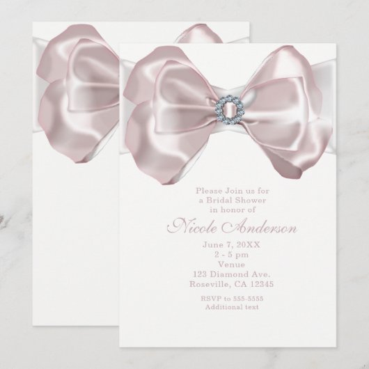 Blush Pink Ribbon Bow & Diamonds Chic Uitnodiginge Kaart (Voorkant / Achterkant)