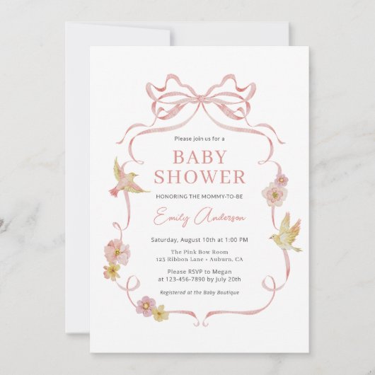 Blush Pink Ribbon Wildflower Bow Baby shower Kaart (Voorkant)