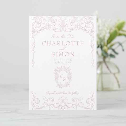 Blush Pink Rococo Save the Date Kaart (Staand voorkant)