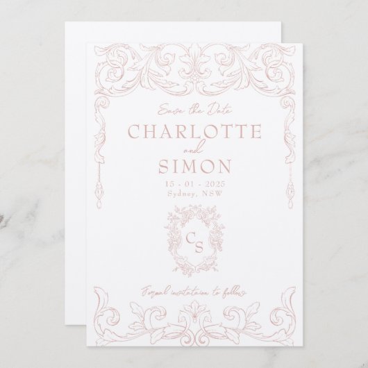 Blush Pink Rococo Save the Date Kaart (Voorkant / Achterkant)