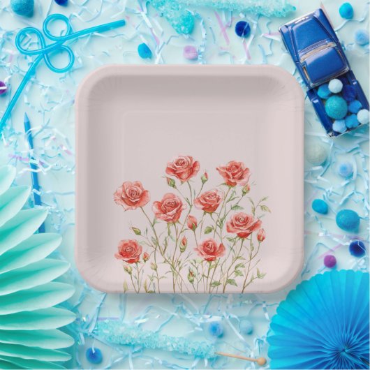 Blush Pink Romantic Red Roses Vrijgezellenfeest Papieren Bordje (Feest)