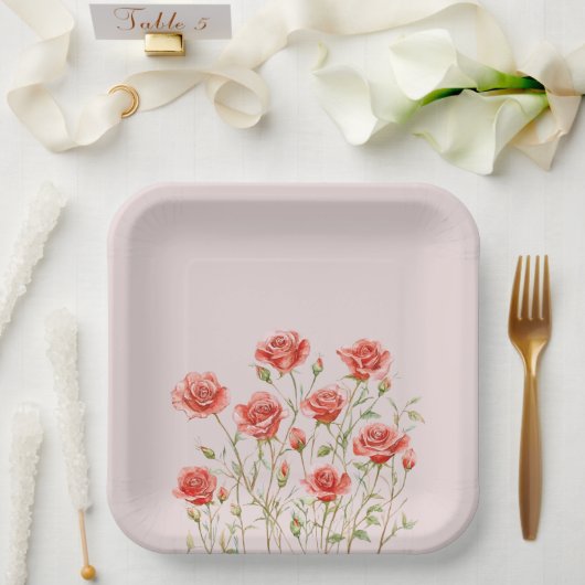 Blush Pink Romantic Red Roses Vrijgezellenfeest Papieren Bordje (Huwelijk)