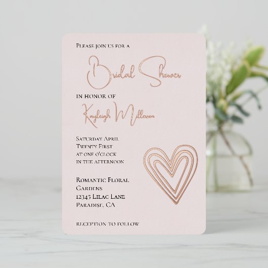 Blush Pink Romantisch Gelaagd Hart Vrijgezellenfee Folie Uitnodiging (Staand Voorkant)