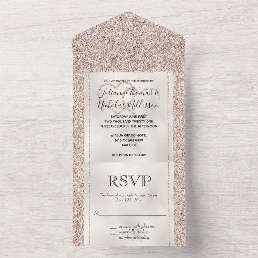 Blush Pink Roos Glitter Hecht All In One Uitnodiging (Binnen)