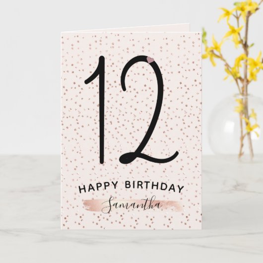 Blush Pink & Roos Gold 12 Verjaardag Kaart (Gele Bloem)