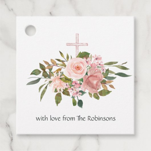 Blush Pink & Roos Gold Floral First Heilige Commun Bedankjes Labels (Voorkant)
