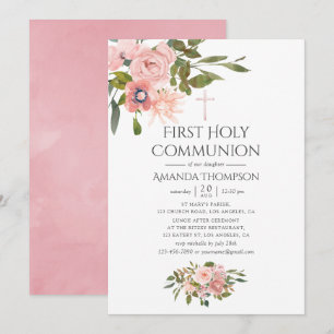 Blush Pink & Roos Gold Floral First Heilige Commun Kaart
