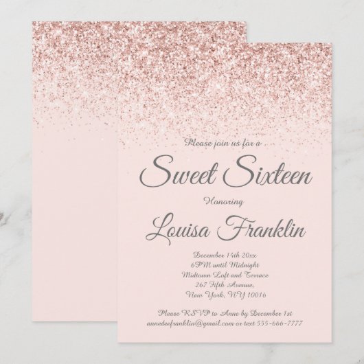 Blush Pink & Roos Gold Glitter Sweet 16 Invitation Kaart (Voorkant / Achterkant)