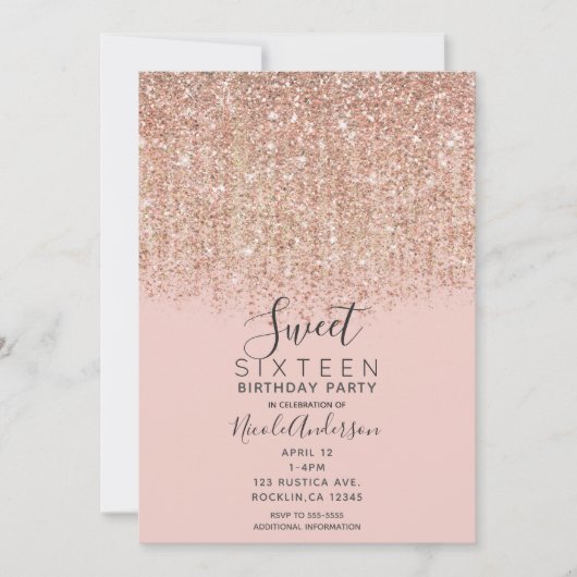 Blush Pink & Roos Gold Glitter Sweet 16 Party Kaart (Voorkant)