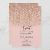 Blush Pink & Roos Gold Glitter Sweet 16 Party Kaart (Voorkant / Achterkant)