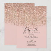 Blush Pink & Roos Gold Glitter Verjaardagsfeestje Kaart (Voorkant / Achterkant)